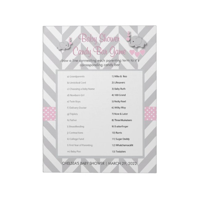 Pink and Grey Elephant Baby Shower Game Notepad (Rotated)