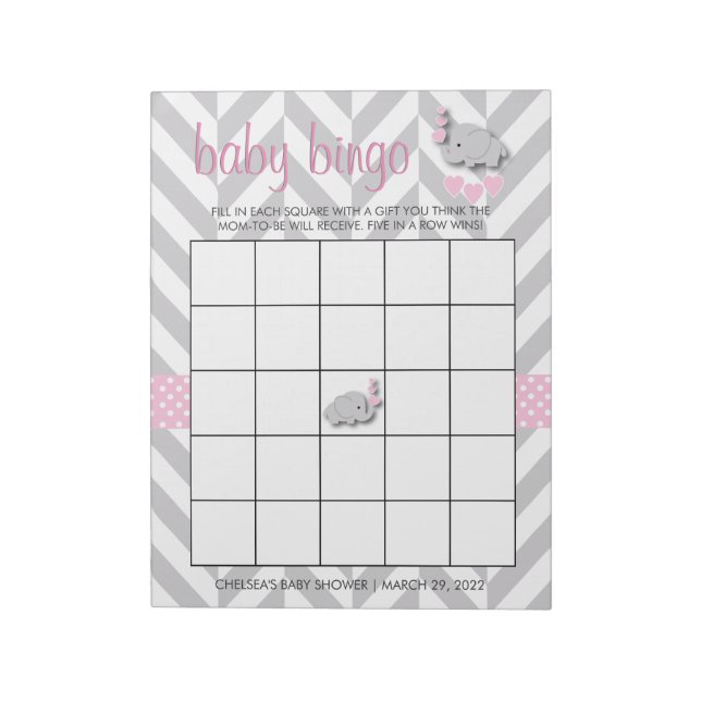 Pink and Grey Elephant | Baby Shower - Game Notepad (Rotated)