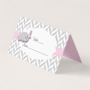 Pink and Grey Elephant Baby Shower Place Cards