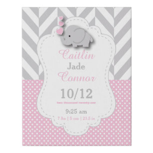 Pink and Grey Elephant - Birth Information Faux Canvas Print