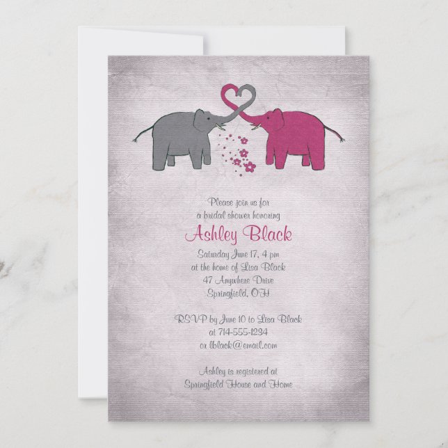 Pink and Grey Elephant Bridal Shower Invitation (Front)