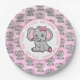 Pink and Grey Elephant Themed Baby Shower Paper Plate
