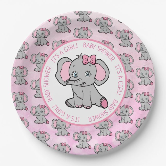 Pink and Grey Elephant Themed Baby Shower Paper Plate (Front)
