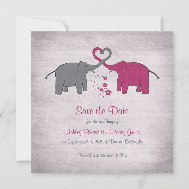 Pink and Grey Elephant Wedding Save the Date (Front)