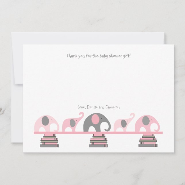 Pink and Grey elephants book baby shower thank you Card (Front)