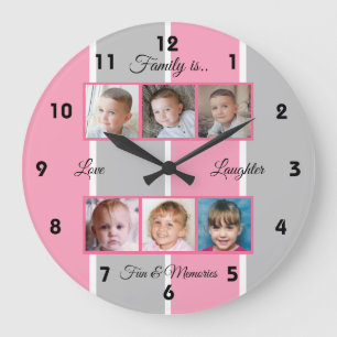 Pink and grey family photos large clock