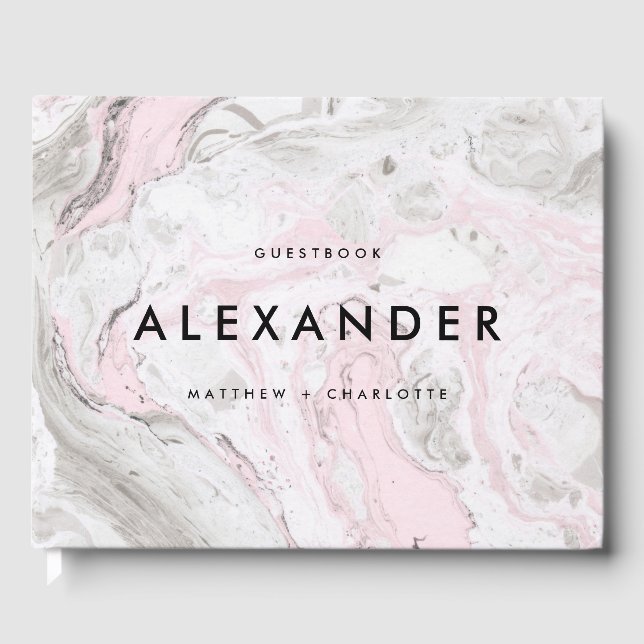 PInk and Grey Faux Marble Modern Wedding Photo Guest Book (Front)
