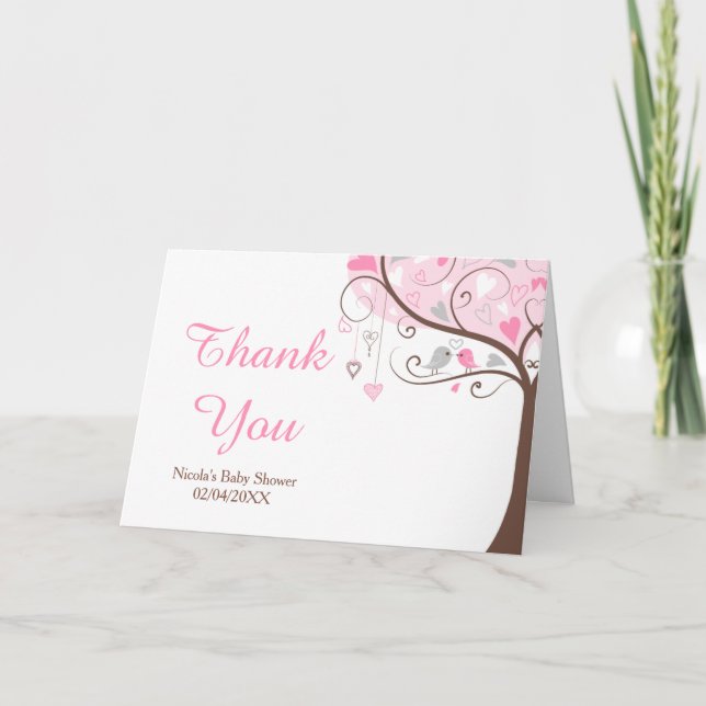 Pink and Grey Floral Bird Baby Shower Thank You Card (Front)