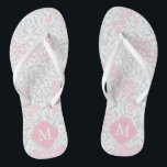 Pink and Grey Floral Damask Monogrammed Thongs<br><div class="desc">Beautiful and elegant floral damask pattern and quatrefoil frame monogram.</div>