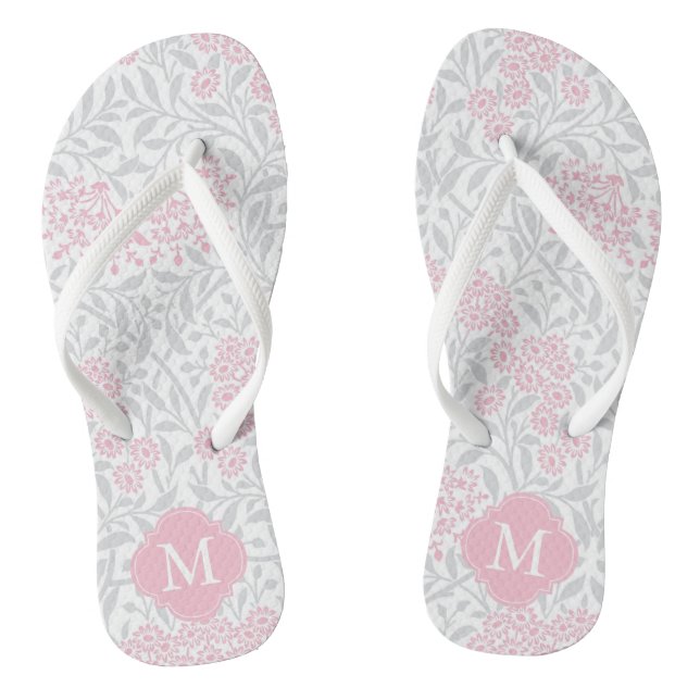 Pink and Grey Floral Damask Monogrammed Thongs (Footbed)
