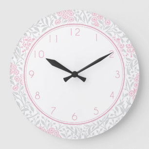 Pink and Grey Floral Damask Pattern Large Clock