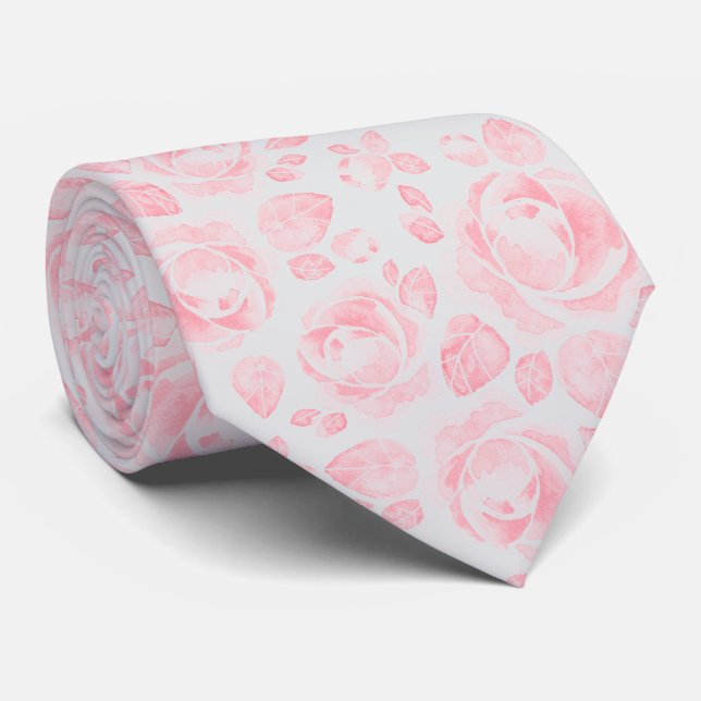 Pink and Grey Floral Rose Pattern Neck Tie (Rolled)