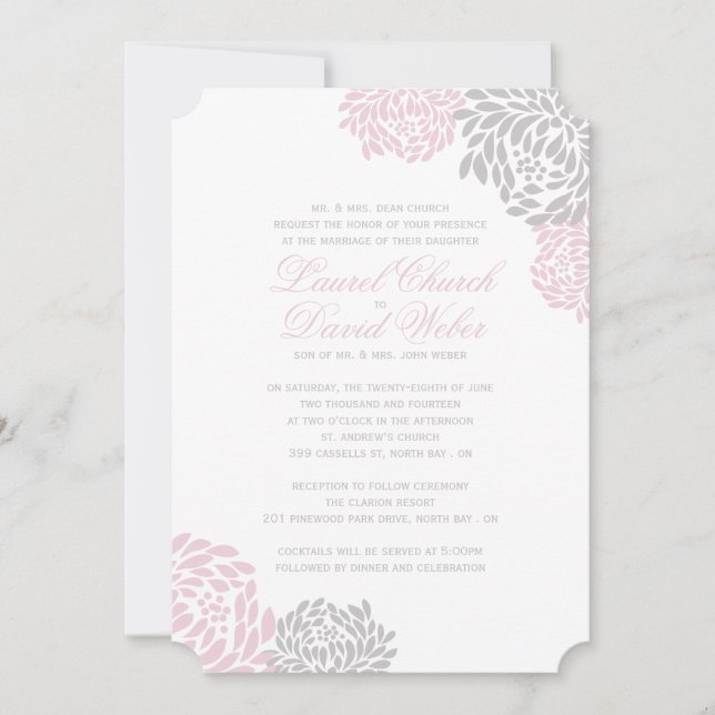 Pink and Grey Floral Wedding Invitations (Front)