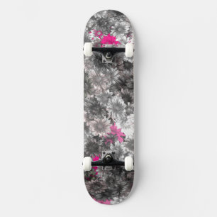 Pink and Grey Flowers Skateboard