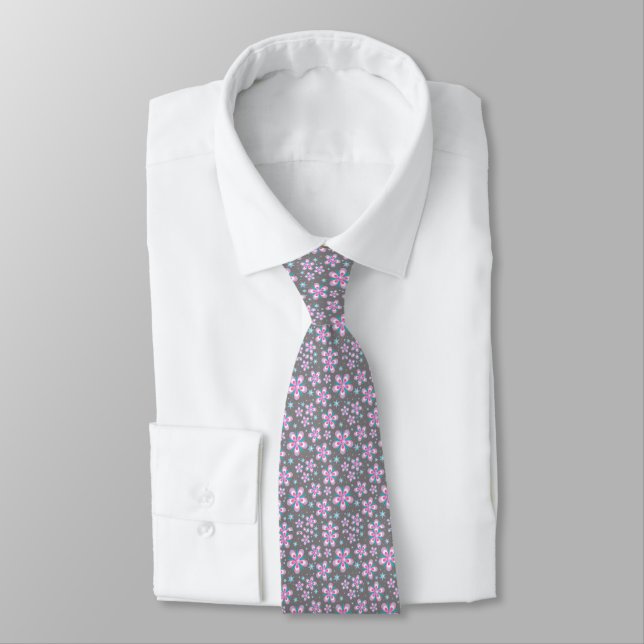 Pink and Grey Geometric Floral Necktie (Tied)