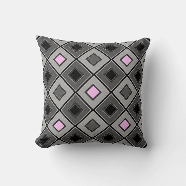 Pink and grey geometric pattern in a cage cushion (Front)