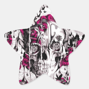Pink and grey grunge melting skull star sticker