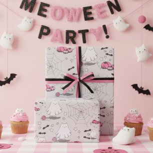 Pink and Grey Halloween Cute Cat Ghost Wrapping Paper