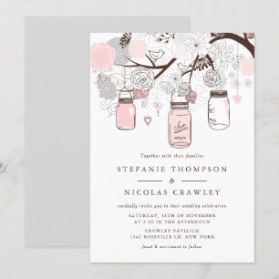 Pink and Grey Hanging Mason Jars Wedding Invitation
