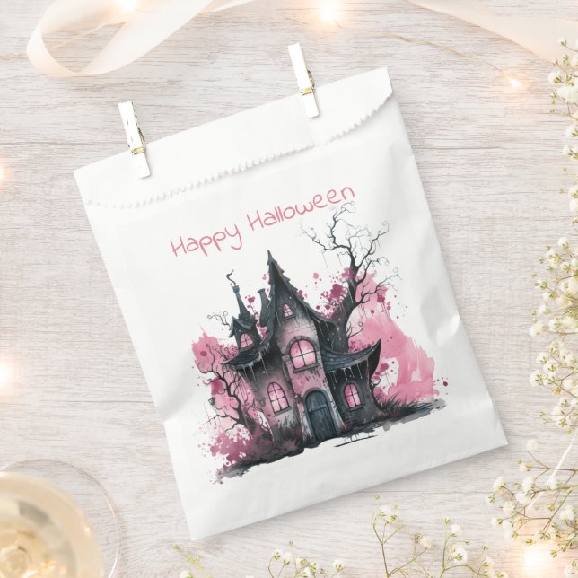 Pink and Grey Haunted House Happy Halloween Favour Bag (Clipped)