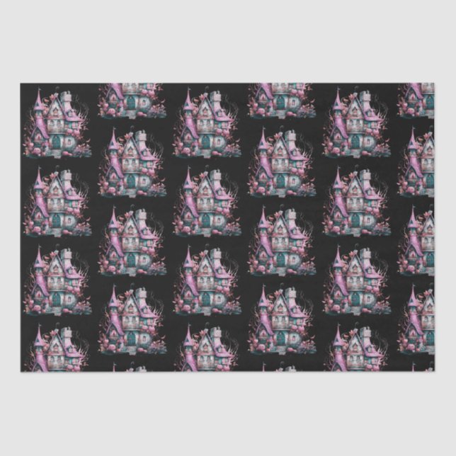 Pink and Grey Haunted House Pattern Halloween Tissue Paper (Front)
