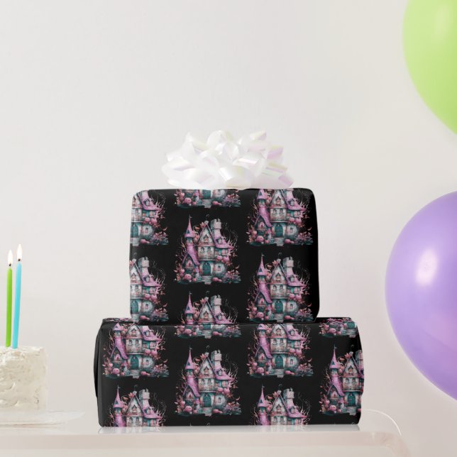 Pink and Grey Haunted House Pattern Halloween Wrapping Paper (Party Gifts)