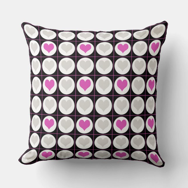 Pink and Grey Heart Grid Pattern Cushion (Front)