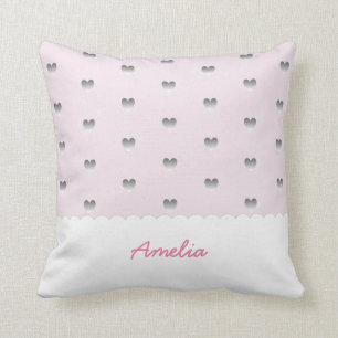 Pink and Grey Heart Pattern Scallop Cloud Monogram Cushion
