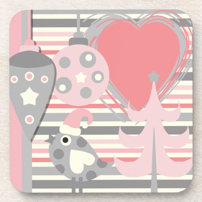 Pink and Grey Holiday Ornaments and Bird Coasters (Front)