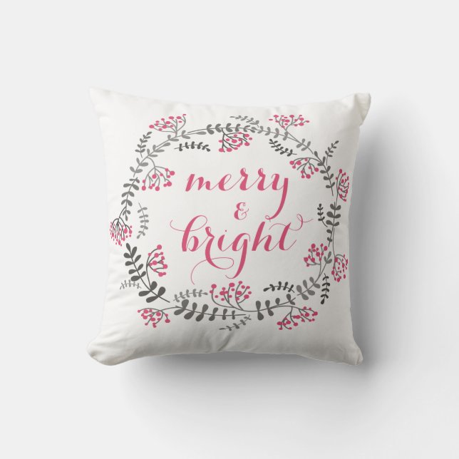 Pink and Grey Holly Wreath Holiday Pillow (Front)