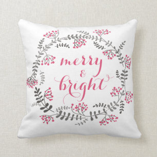 Pink and Grey Holly Wreath Holiday Pillow