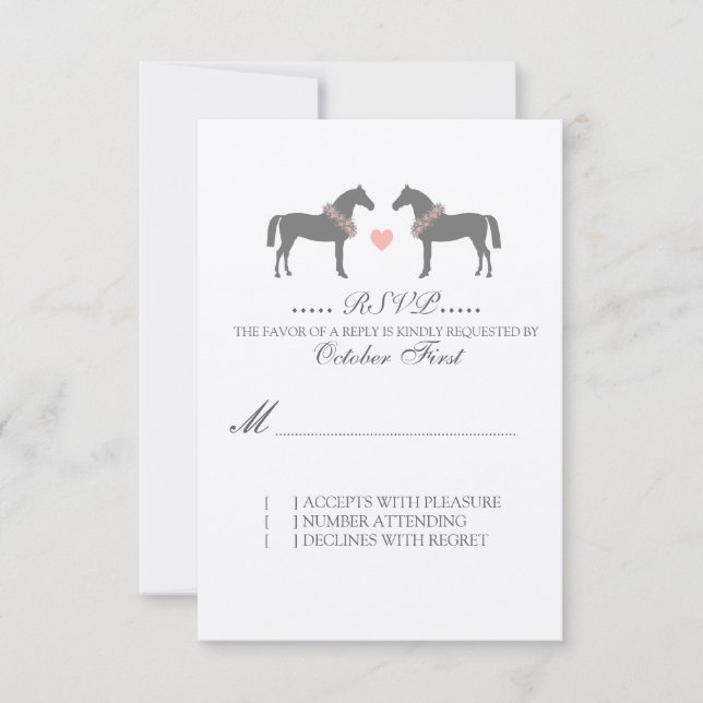 Pink and Grey Horses Wedding RSVP Card (Front)