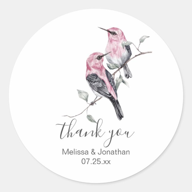 Pink and Grey Hummingbird Wedding Thank You Classic Round Sticker (Front)
