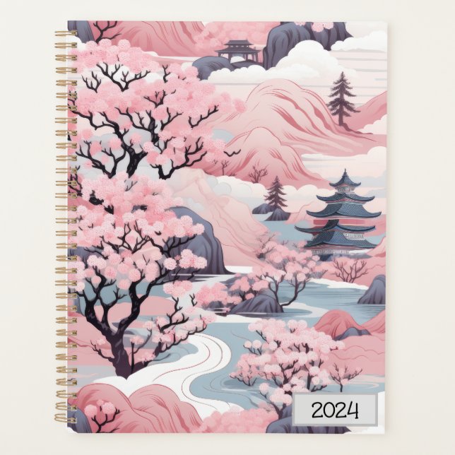 Pink and Grey Japanese Scenery Planner (Front)
