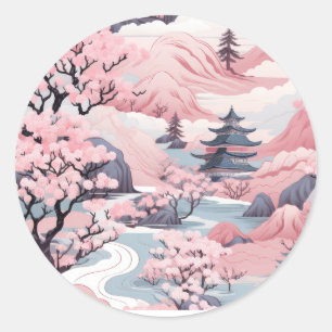 Pink and Grey Japanese Scenery Sticker