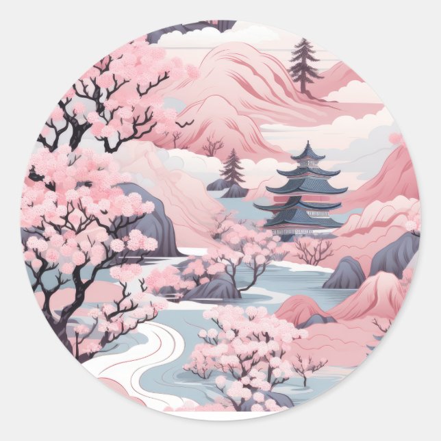 Pink and Grey Japanese Scenery Sticker (Front)