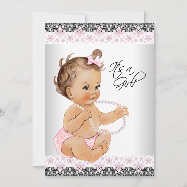 Pink and Grey Lace Pearls Baby Girl Shower Invitation (Front)