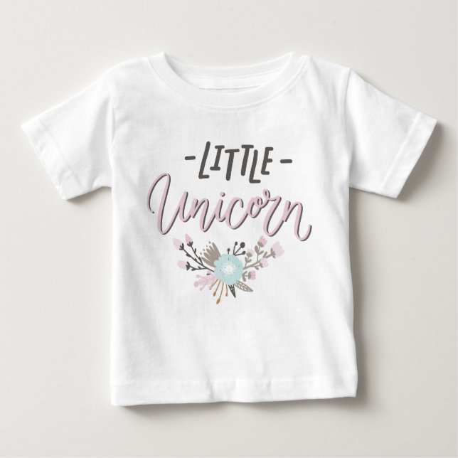 Pink and Grey Little Unicorn Hand Lettered Floral Baby T-Shirt (Front)