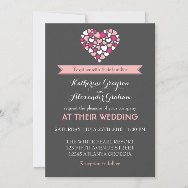 Pink and Grey Love and Heart Wedding Invitation (Front)