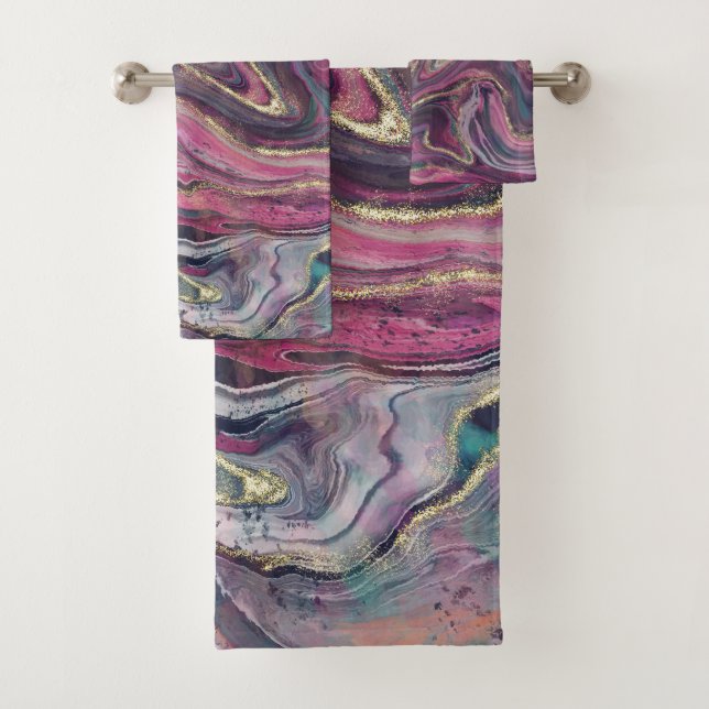 Pink and Grey Marble Abstract  Bath Towel Set (Insitu)