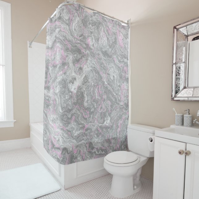 Pink and Grey Marble abstract Shower Curtain (In Situ)