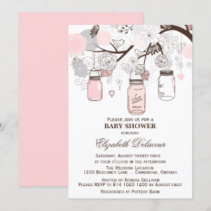 Pink and Grey Mason Jars Baby Shower Invitations