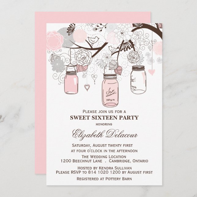 Pink and Grey Mason Jars Sweet Sixteen Invitation (Front/Back)