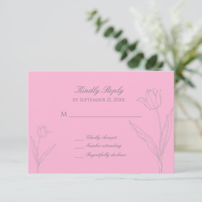 Pink and Grey Minimalist Tulip Wedding RSVP Card (Standing Front)