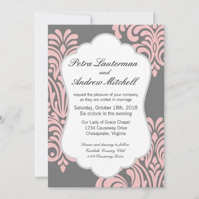 Pink and Grey Modern Damask Invitation (Front)