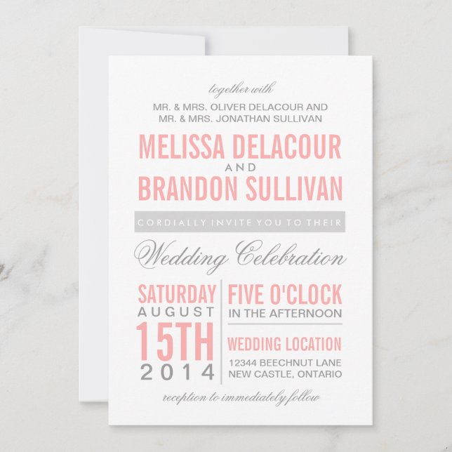 Pink and Grey Modern Typography Wedding Invitation (Front)