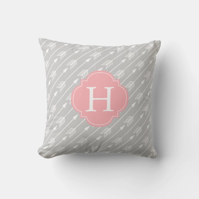 Pink and Grey Monogrammed Arrows Pattern Cushion (Front)