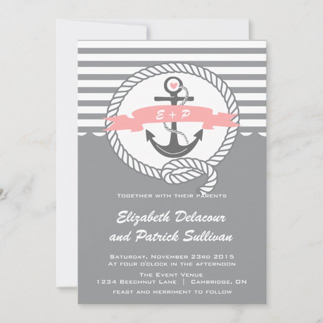 Pink and Grey Nautical Beach Wedding Invitation (Front)