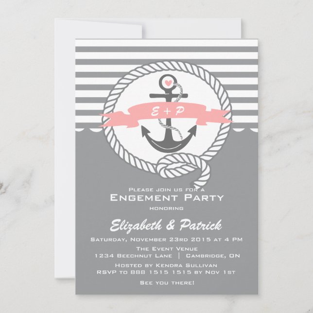 Pink and Grey Nautical Engagement Party Invitation (Front)