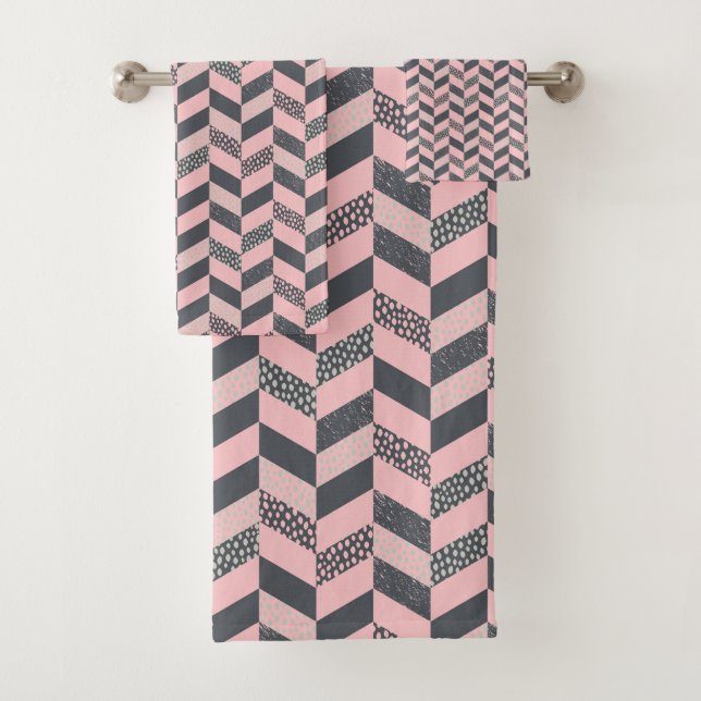 Pink and Grey Patterned Herringbone Bath Towel Set (Insitu)